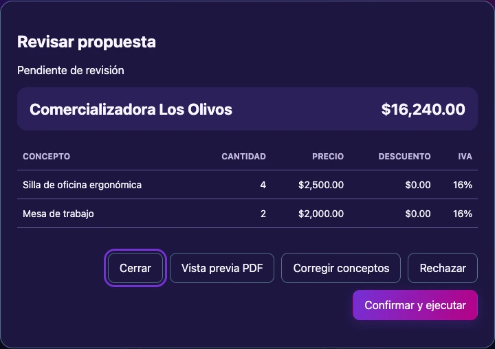 Pantalla real para revisar una propuesta de cotización de IA antes de confirmar